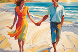 Colorful drawing of a happy man and woman walking on the sandy beach holding hands, sunset over the beautiful blue ocean.