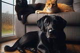 AI image of a black lab, a black cat and an orange white cat