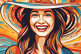 Very colorful drawing of a happy, smiling woman surrounded by swirls of color, wearing a beautifully colorful large-brimmed hat.