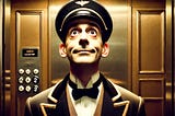 An image of a uniformed bellboy in an old fashioned lift