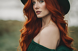 Beautiful Irish woman with long red hair wearing an emerald green off the shoulder dress and an emerald green brimmed hat.