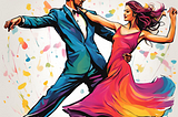 Colorful drawing of a man and woman swing dancing in beautiful clothes.