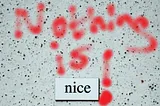 A neutral white background with the word nice, surrounded by the words ‘Nothing is’ in red graffiti.