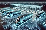 ChatGPT generated panoramic image of a fully electric truck stop covered with circuitry, glowing in the night