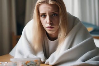 A sick woman in a blanket