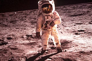 A photo of astronaut Edwin Aldrin walking on the surface of the moon