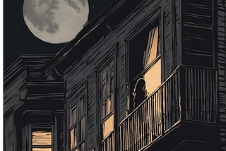 Black and white drawing of a teenage girl sneaking out her bedroom window at night. A huge full moon in the background and a teenage boy in the distance.