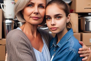 AI Image of a lady about age 50 and a young lady about age 24 embracing, they both look slightly sad, there are boxes of kitchen things in the background