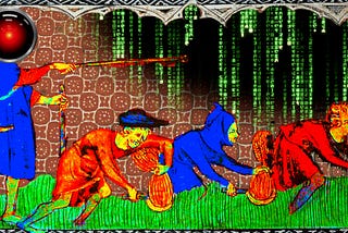 A medieval tapestry depicting an overseer gesturing imperiously with his stick at three bent peasants who are grubbing in a field. The image has been altered. Contrasts and colors have been pushed into psychedelic pinks, greens and blues. Part of the tapestry fades into a ‘code waterfall’ effect as seen in the credit sequences of the Wachowskis’ ‘Matrix’ movies. The overseer’s head has been replaced with the hostile red eye of HAL 9000 from Kubrick’s ‘2001: A Space Odyssey.’ Image: Cryteria (mo