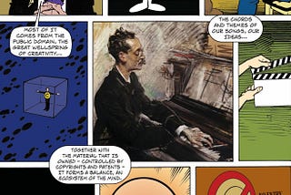 A series of comic-book panels symbolizing ‘ideas,’ including Mr Peabody, ‘e-mc2,’ a lightbulb and more. Image: Jenkins and Boyle https://web.law.duke.edu/musiccomic/ CC BY-NC-SA 4.0 https://creativecommons.org/licenses/by-nc-sa/4.0/