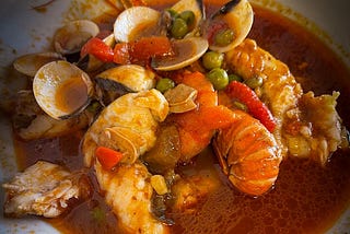 A photo of the author’s Spanish dish ‘Zarzuela’ containing monkfish, prawns and clams