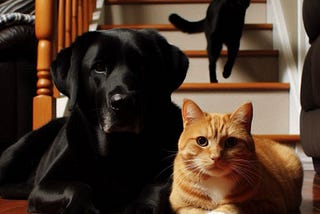 AI created picture of a black lab and a white and orange cat sitting looking at the camera, and a black cat in the background running down the steps