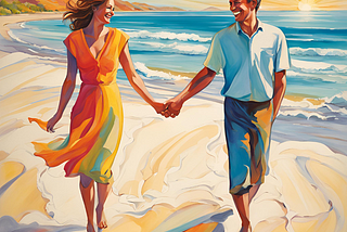 Colorful drawing of a happy man and woman walking on the sandy beach holding hands, sunset over the beautiful blue ocean.