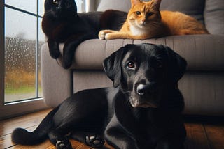 AI image of a black lab, a black cat and an orange white cat