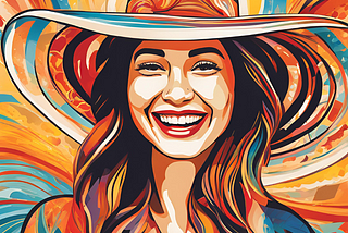 Very colorful drawing of a happy, smiling woman surrounded by swirls of color, wearing a beautifully colorful large-brimmed hat.