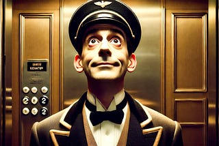 An image of a uniformed bellboy in an old fashioned lift