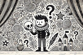 A doodle drawing of the Shakespearean character Hamlet on stage holding a skull