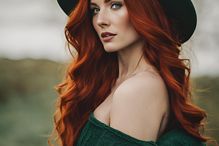 Beautiful Irish woman with long red hair wearing an emerald green off the shoulder dress and an emerald green brimmed hat.