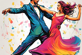 Colorful drawing of a man and woman swing dancing in beautiful clothes.