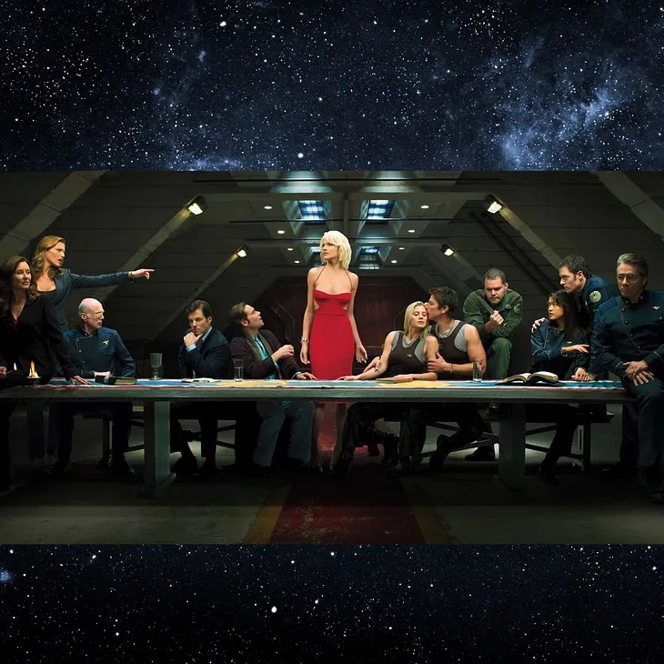 Battlestar Galactica poster on Canva space background by author.