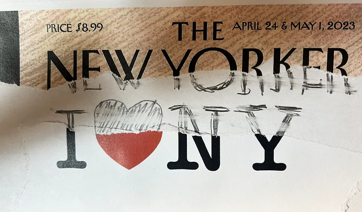 Illustration/collage showing the top of the New Yorker masthead and the bottom of the “I Heart NY” logo. The missing sections reveal a blurry pencil rending.