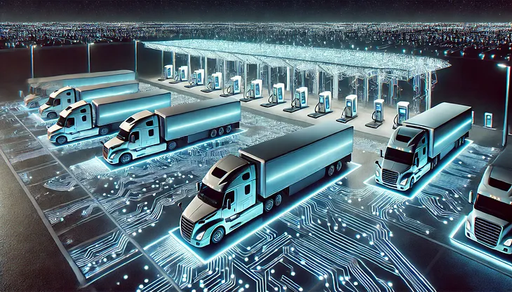 ChatGPT generated panoramic image of a fully electric truck stop covered with circuitry, glowing in the night