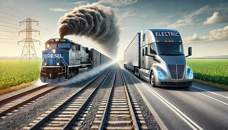 ChatGPT generated panoramic image of a freight train emitting CO2 beside an electric semi truck on a highway