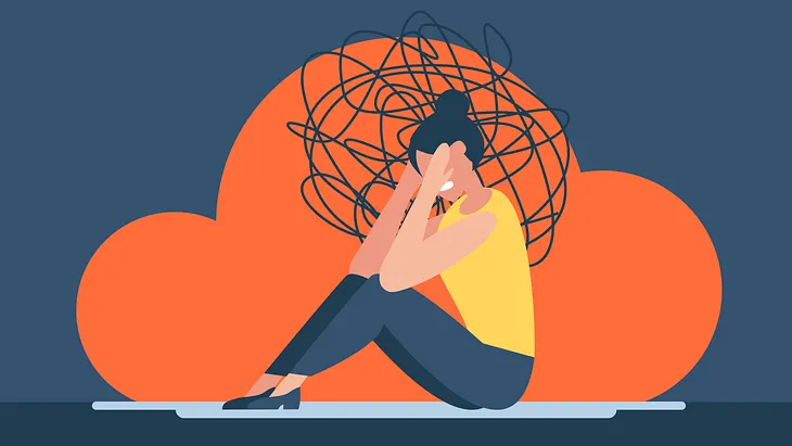 An illustration of a woman sitting and holding her head in apparent distress. A cloud of black lines surrounds her head.