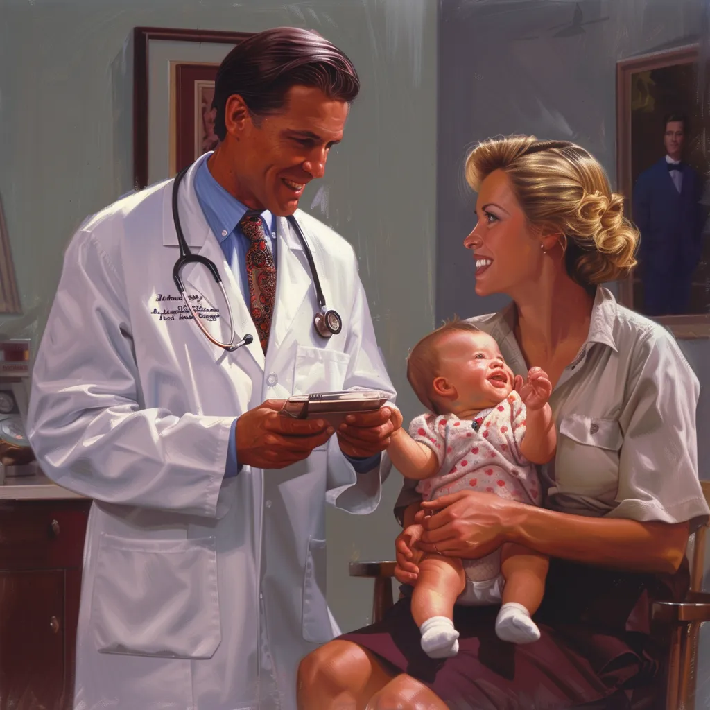 A doctor talking with a smiling mother who is holding a baby that’s looking in the opposite direction.