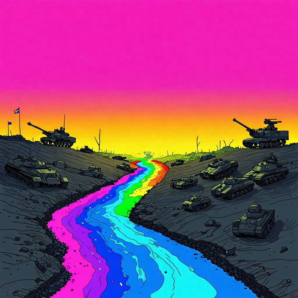 rainbow-colored glowing canal with drab-colored tanks on either side