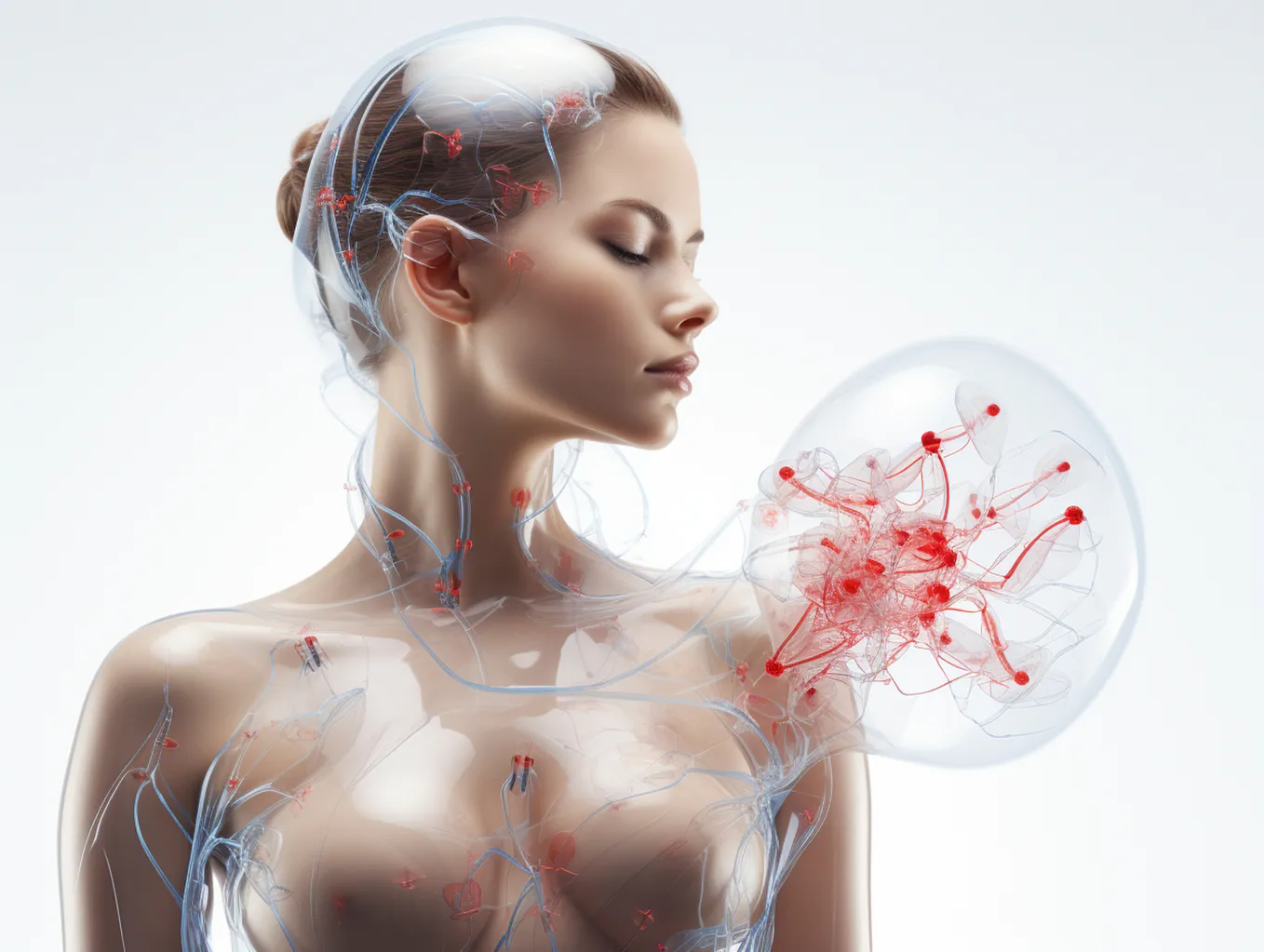 An illustration of a realistic-appearing woman with a transparetnt bubble (with breast cancer with) emerging from her upper outer left breast.