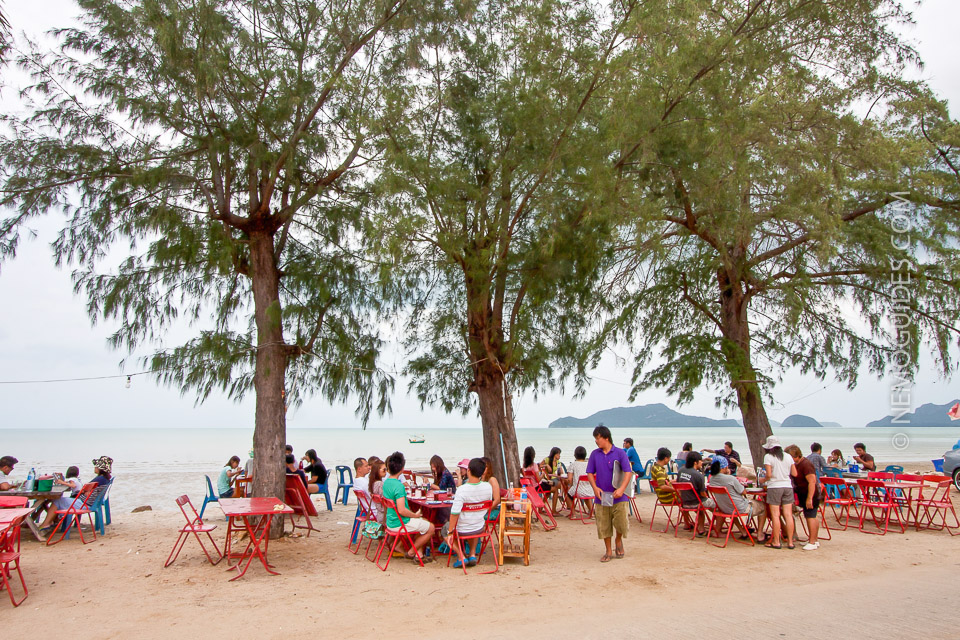 Seaside seafood restaurants at Dolphin Bay.