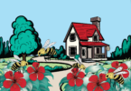 Illustration of a colorful house and front yard filled with flowers and bees.