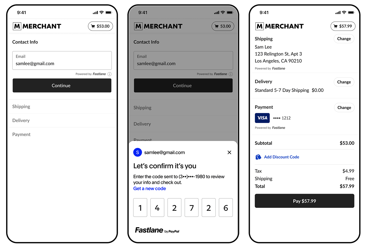 Fastlane by PayPal mobile screens