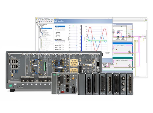 Monitor mit einem PXI-Chassis.