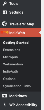 IndieWeb in the WordPress Admin, featuring settings for Micropub,Webmention, IndieAuth and Syndication Links