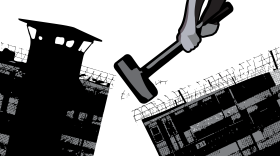 In this illustration, a sledgehammer splits open a Medium Security Institution prison, known as The Workhouse. The walls collapse around the break. The Workhouse operated in Ferguson until 2022 when it was closed down.