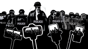 In this illustration, a row of police officers stand in combat gear with body shields. A row of phones on selfie sticks in the foreground records them.