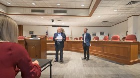 Quincy Mayor Mike Troup, left, and GREDF President Kyle Moore announce the Amazon facility at a press conference on Monday, Nov. 4, 20204.