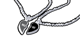 An illustration of a friendship necklace shaped like a heart in two pieces, that when put together spell 'resist' 