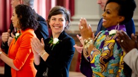 Alderwoman Cara Spencer (8th Ward) reacts after taking the Oath of Office from City Register Amber Simms on Tuesday, April 18, 2023, at the Kennedy Hearing Room in City Hall.