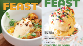 Side by side images of Feast's last two editions. On the left is a photo of a bowl with corn and other vegetables; on the right is ice cream with sprinkles.