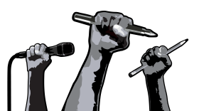 In this illustration, three fists are raised in the air, as if in protest. One holds a microphone, the next a fountain pen, and the last a pencil