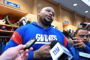 Dexter Lawrence II talks to the media after practice in East Rutherford, N.J. 