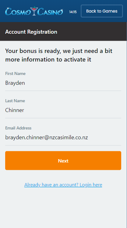 Cosmo Casino Registration Step 1