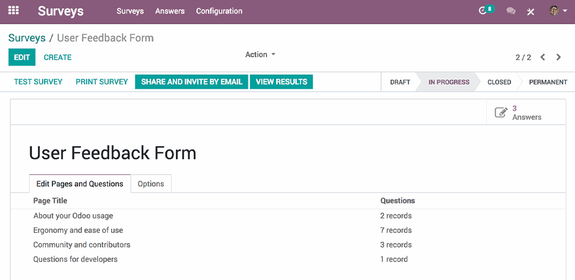 Tampilan backend dari formulir feedack pengguna untuk Survei Odoo