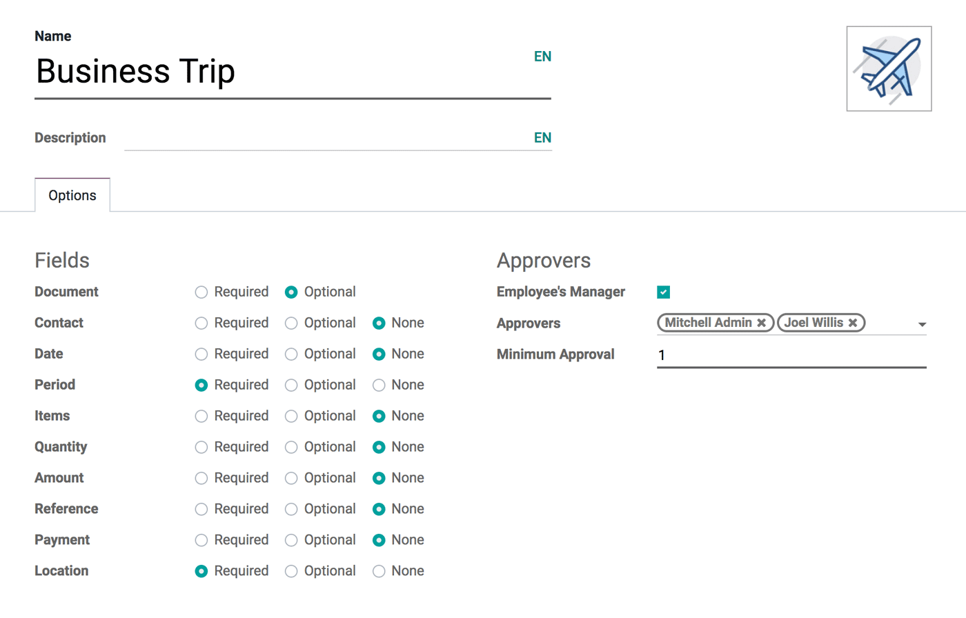 Closeup al interfeței pentru configurarea unei cereri de tip Business Trip