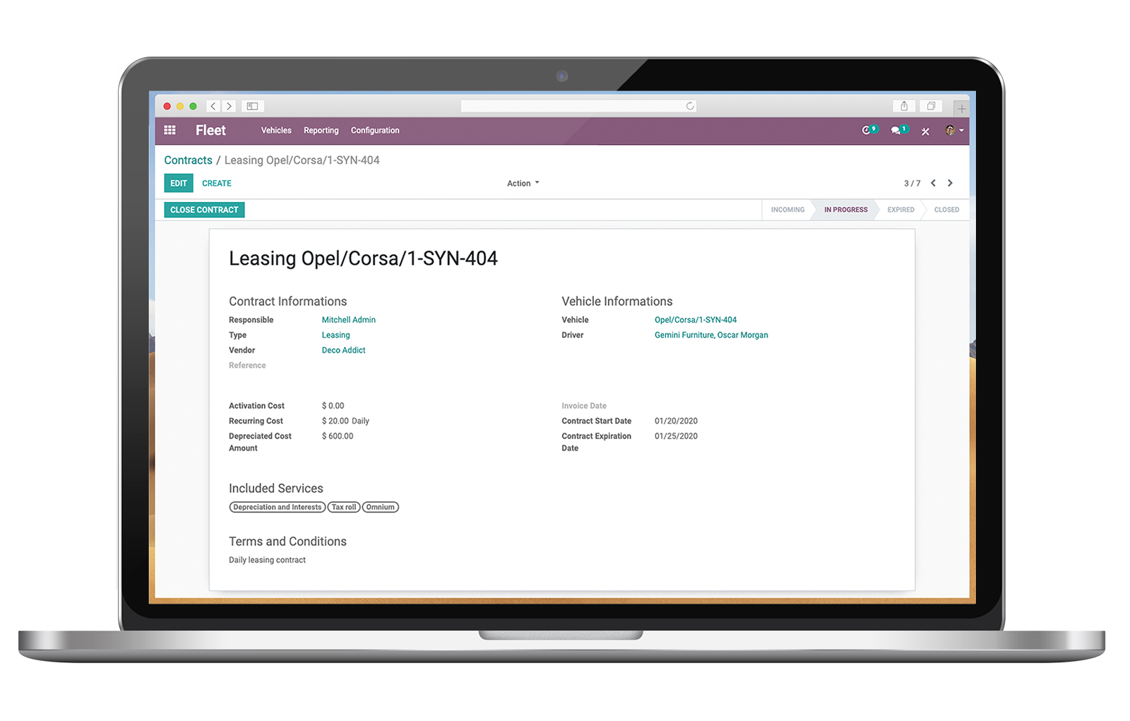 Interface de contrato da Odoo Frota