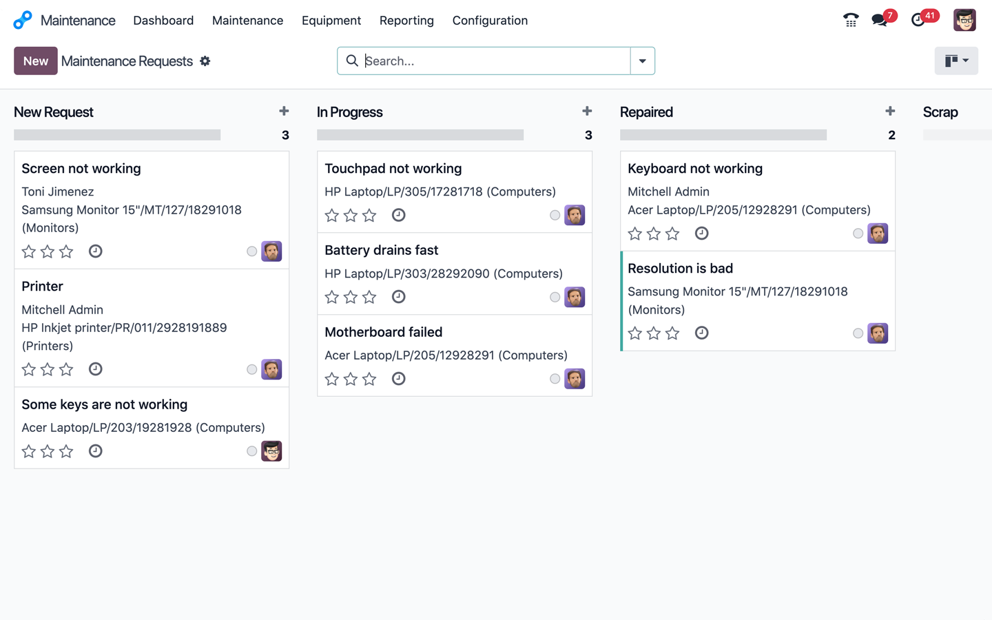 Interfaz de la aplicación Mantenimiento de Odoo que muestra el equipo