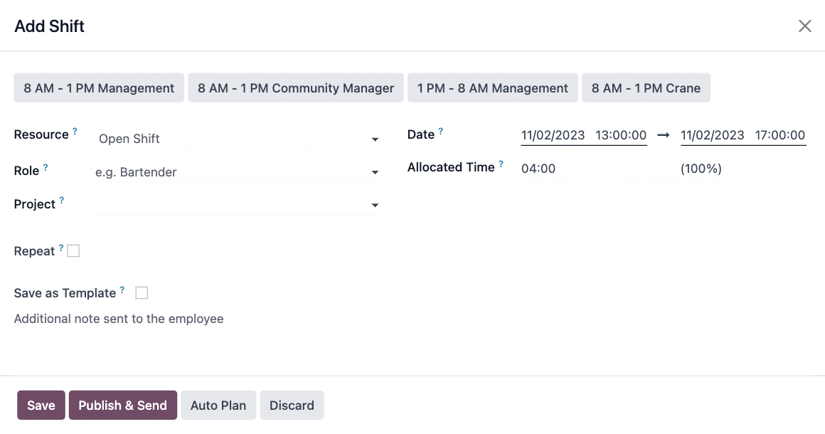 Planning - Modal menjadwalkan shift